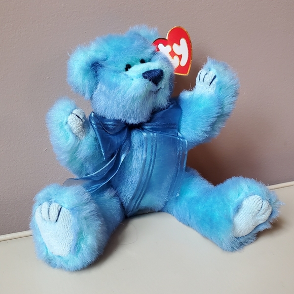 TY fuzzy blue bear stuffed animal plush Azure with bow and tags - Picture 3 of 5